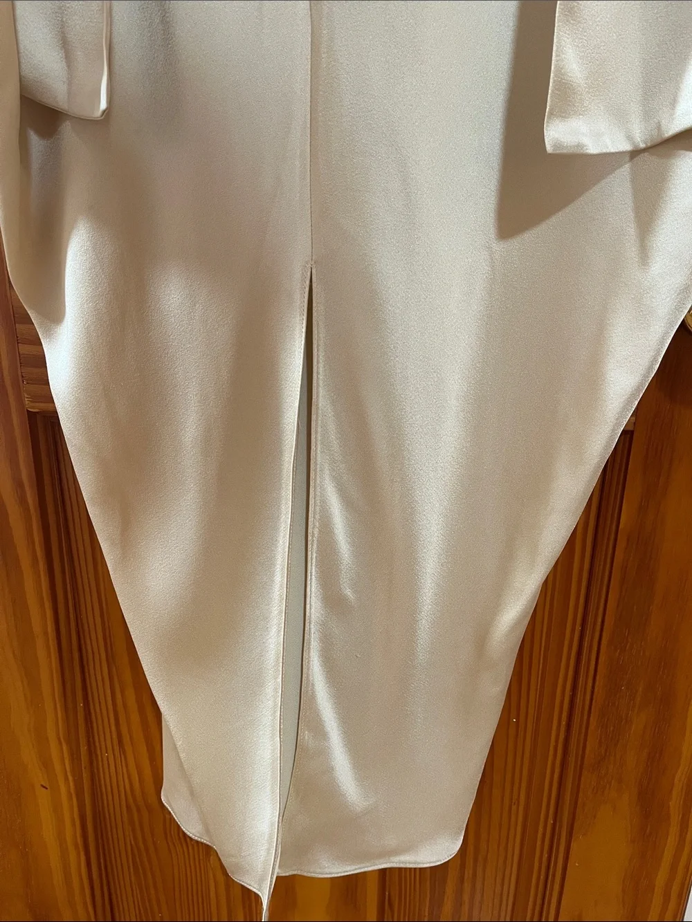 NWT Satin Beige Draped Open Back Dress Lagenlook Formal Shawl Gown Tie Neck M